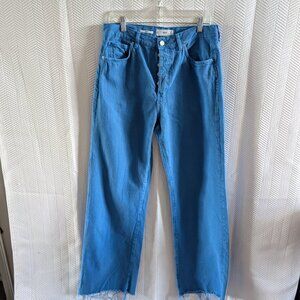 Mango Nora Wide Leg High Rise Jeans Vibrant Blue Button Fly Size 10 Denim